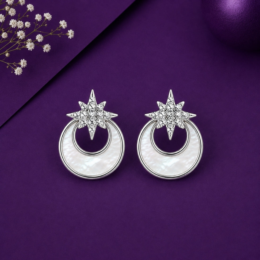Silver Celestial North Star & Crescent Stud Earrings