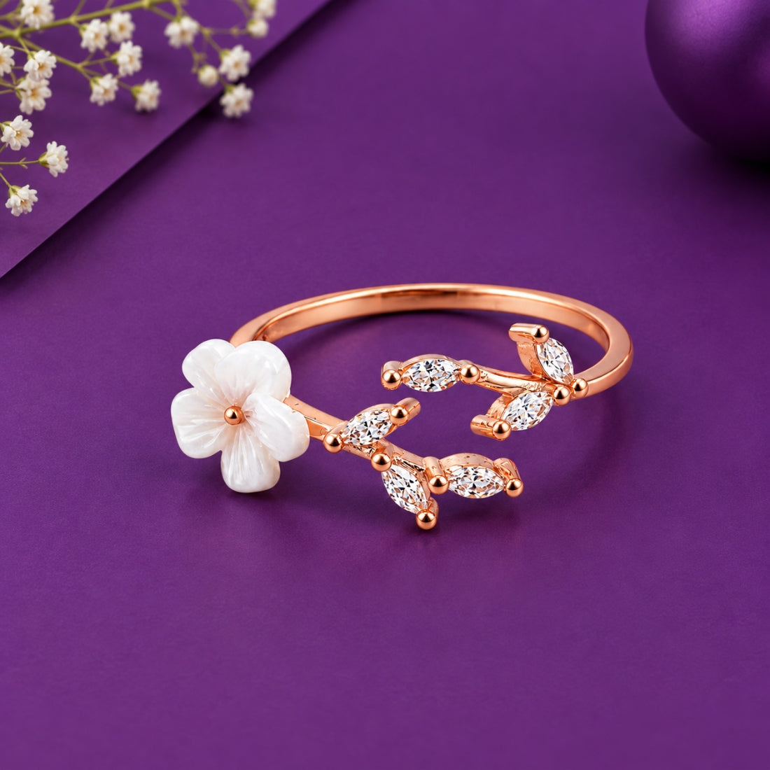 The Sakura Blossom & Crystal Vine Rose 925 Silver Ring