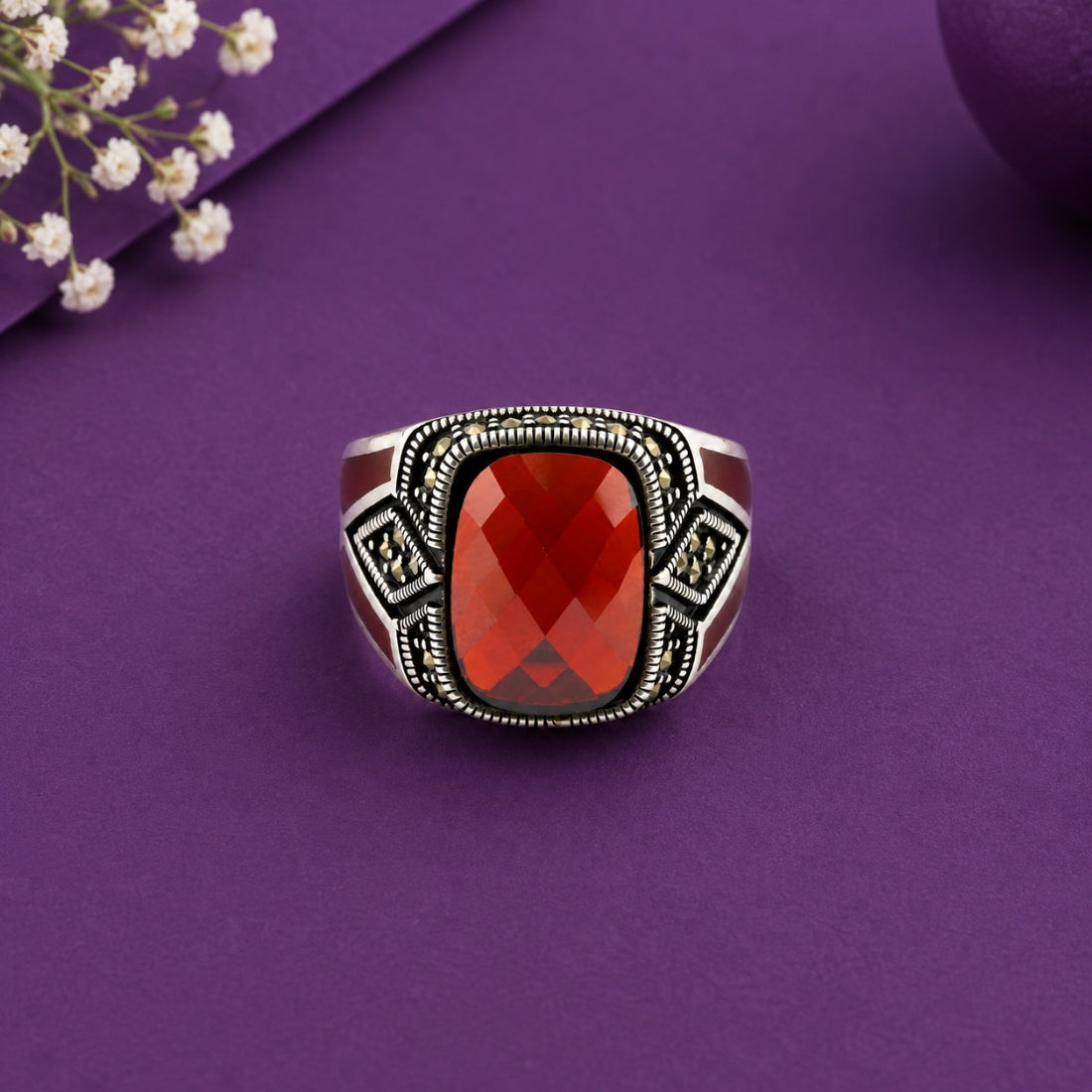 Vintage Scarlet Cushion 925 Silver Shield Ring