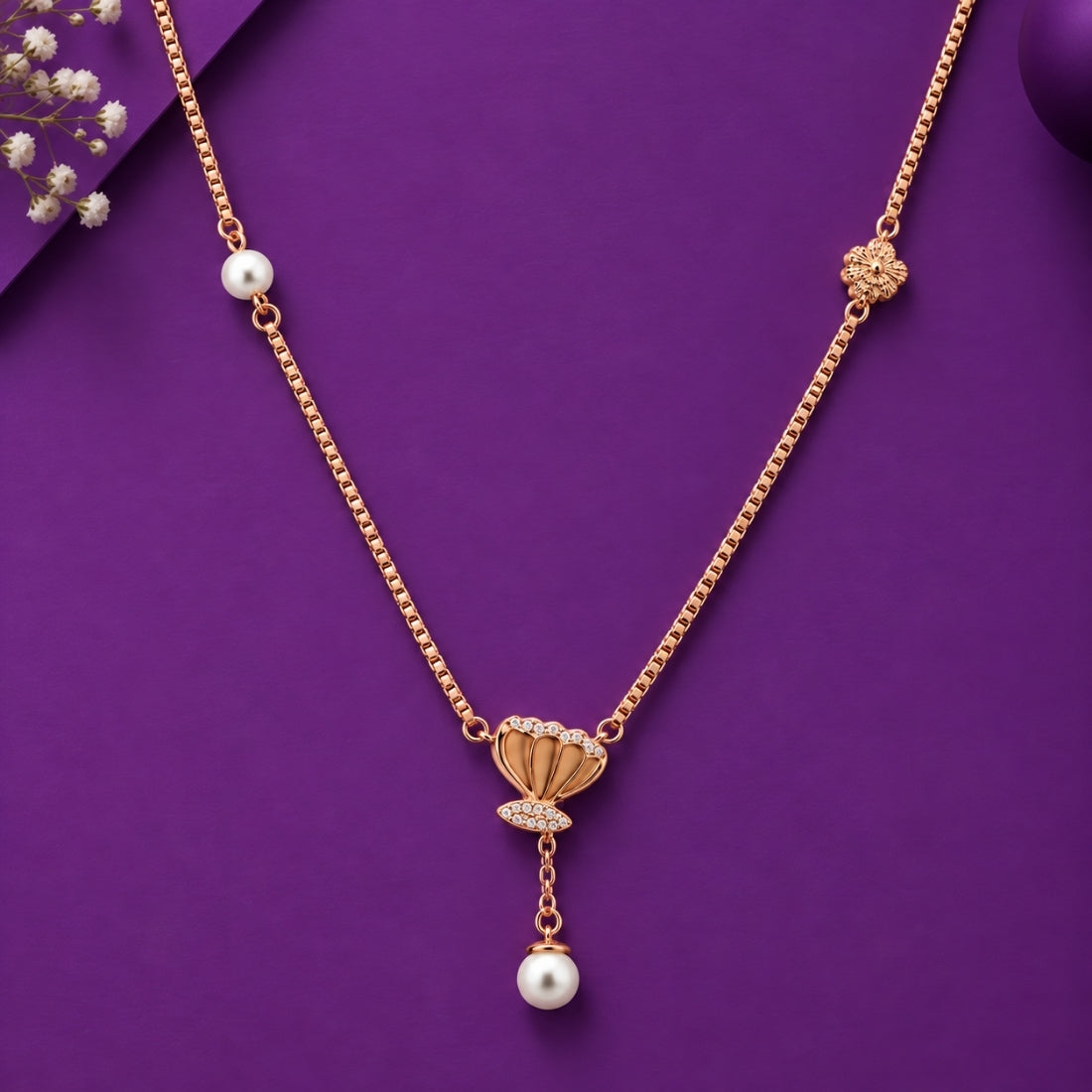 The Ocean Whisper Seashell Pearl Lariat Rose 925 Silver Chain