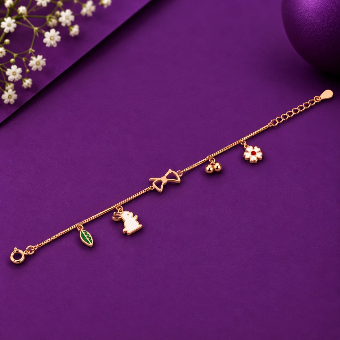 Clover Bunny 925 Sterling Silver Rose Gold Multi-Charm Kids Bracelet