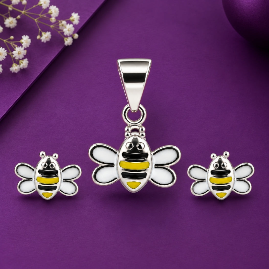 Busy Bee 925 Sterling Silver Enamel Pendant & Stud Earring Set for Kids