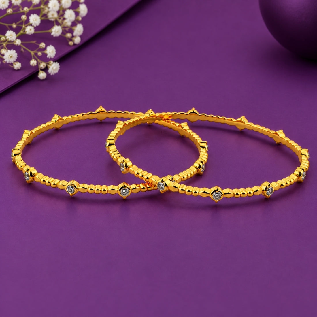 The Ethereal Blossom Beaded Stackable Bangles (Set of 2 in 925 Sterling Silver with Luminous Gold Polish)