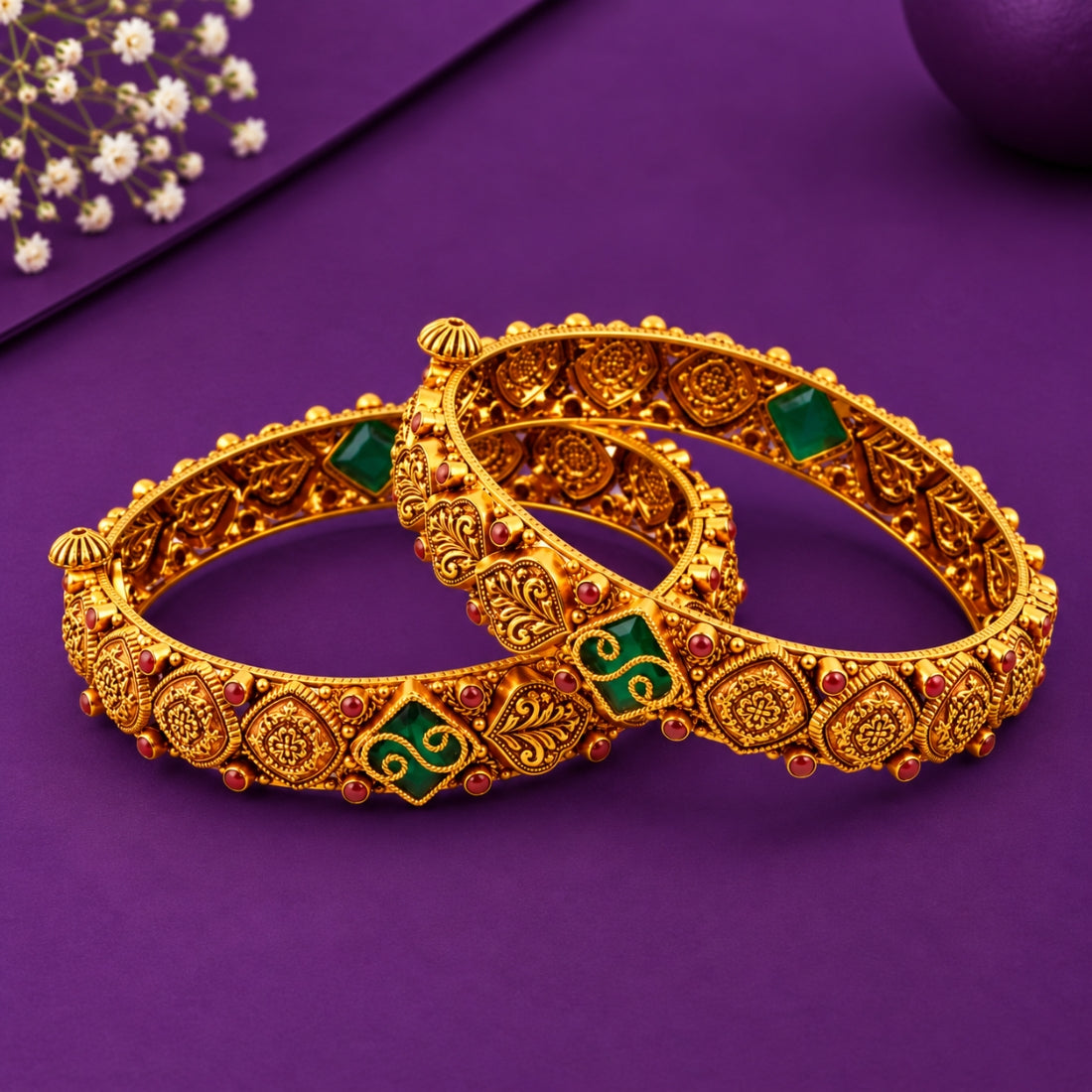 The Royal Pallavi – 925 Silver Antique Gold-Plated Emerald Foliage Bangles Set