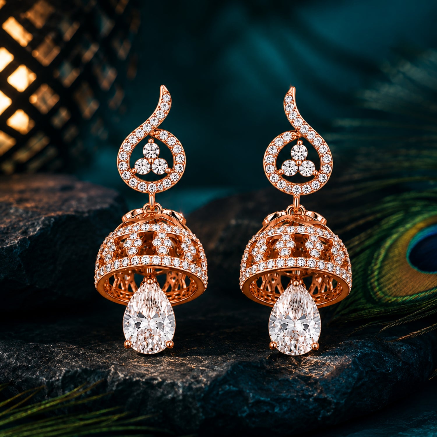 Rose Gold Paisley 925 Pure Sterling Silver Jhumka Earrings