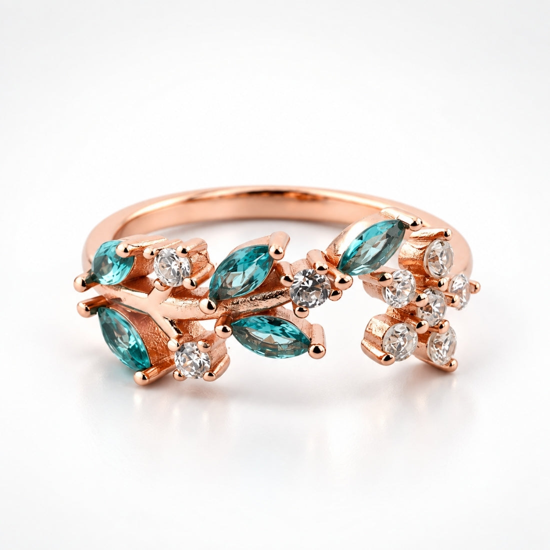 Teal Leaf & Crystal Flora 925 Silver Ring
