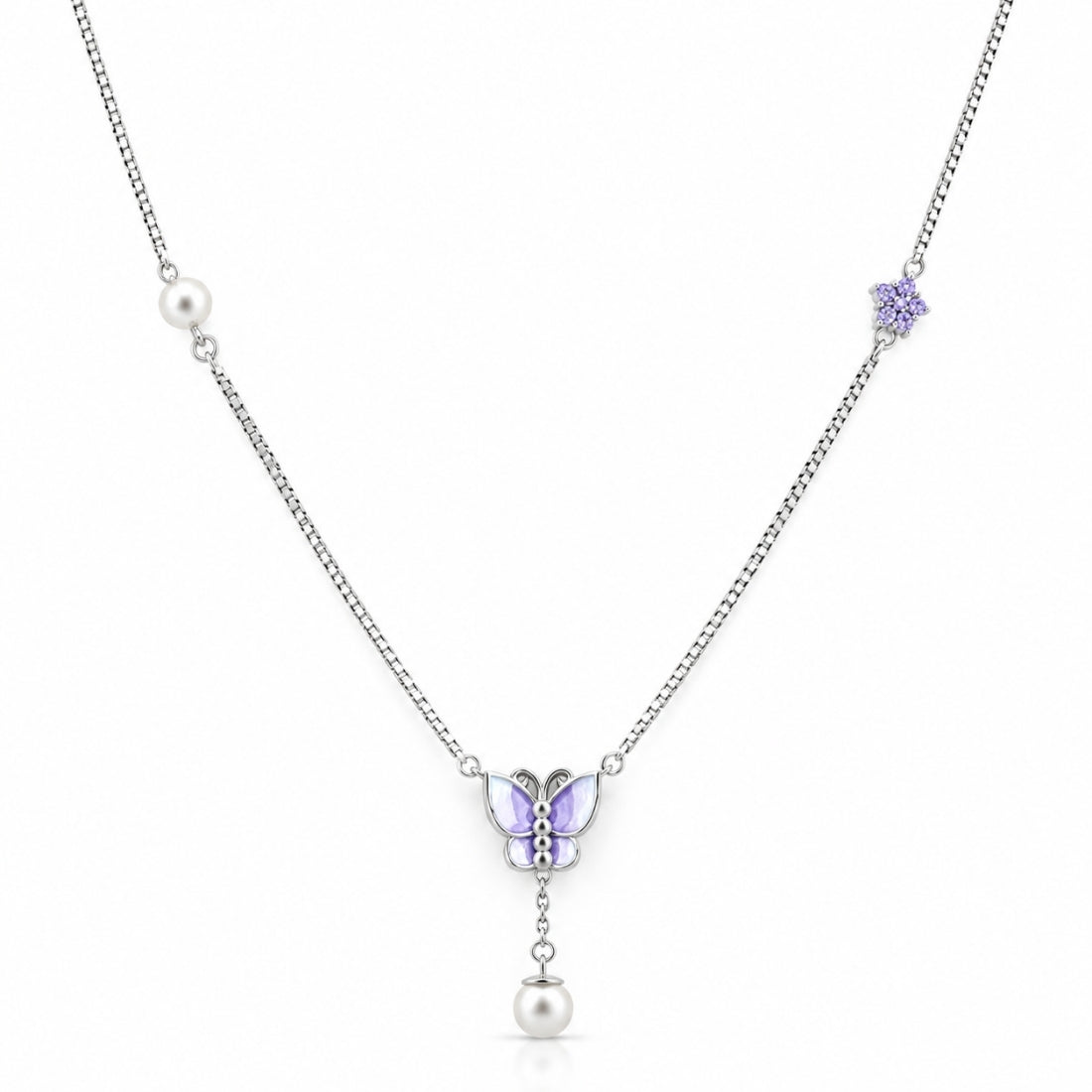 The Lavender Monarch Pearl Lariat 925 Silver Chain