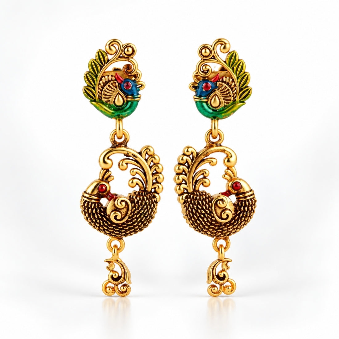 The Mayura Heritage Dual-Peacock Drop Earrings in 925 Sterling Silver
