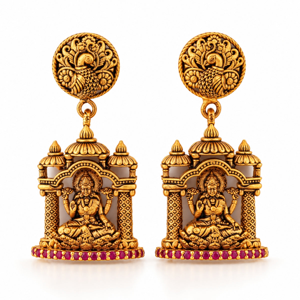 The Heritage Mandapam: Divine Lakshmi Temple 925 Silver Gold Polish Drop Earrings