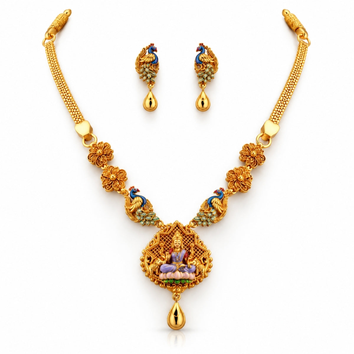The Goddess Lakshmi Peacock Heritage 925 Silver Gold-Plated Necklace Set