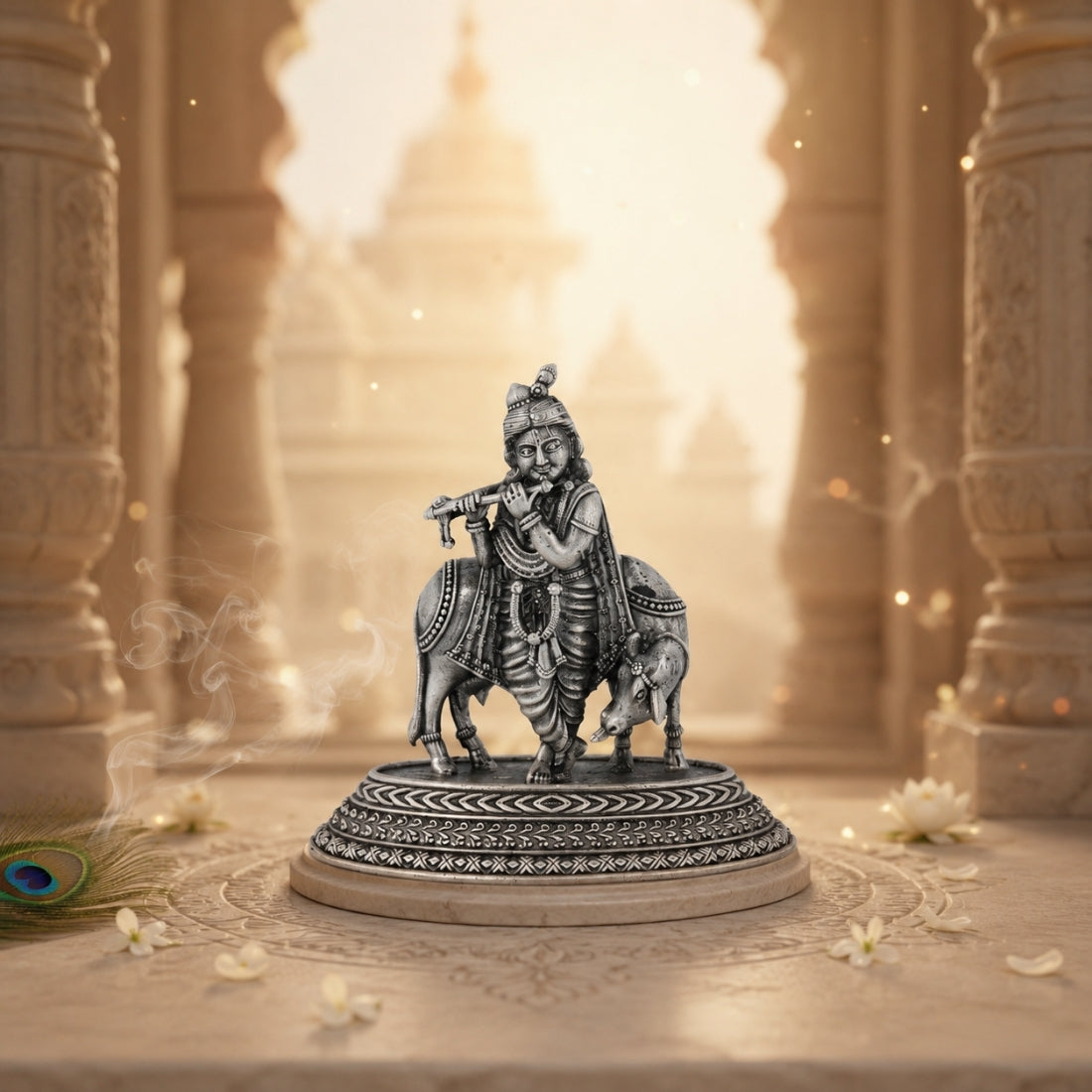 Divine Gopal Krishna with Kamdhenu Cow 925 Silver Idol