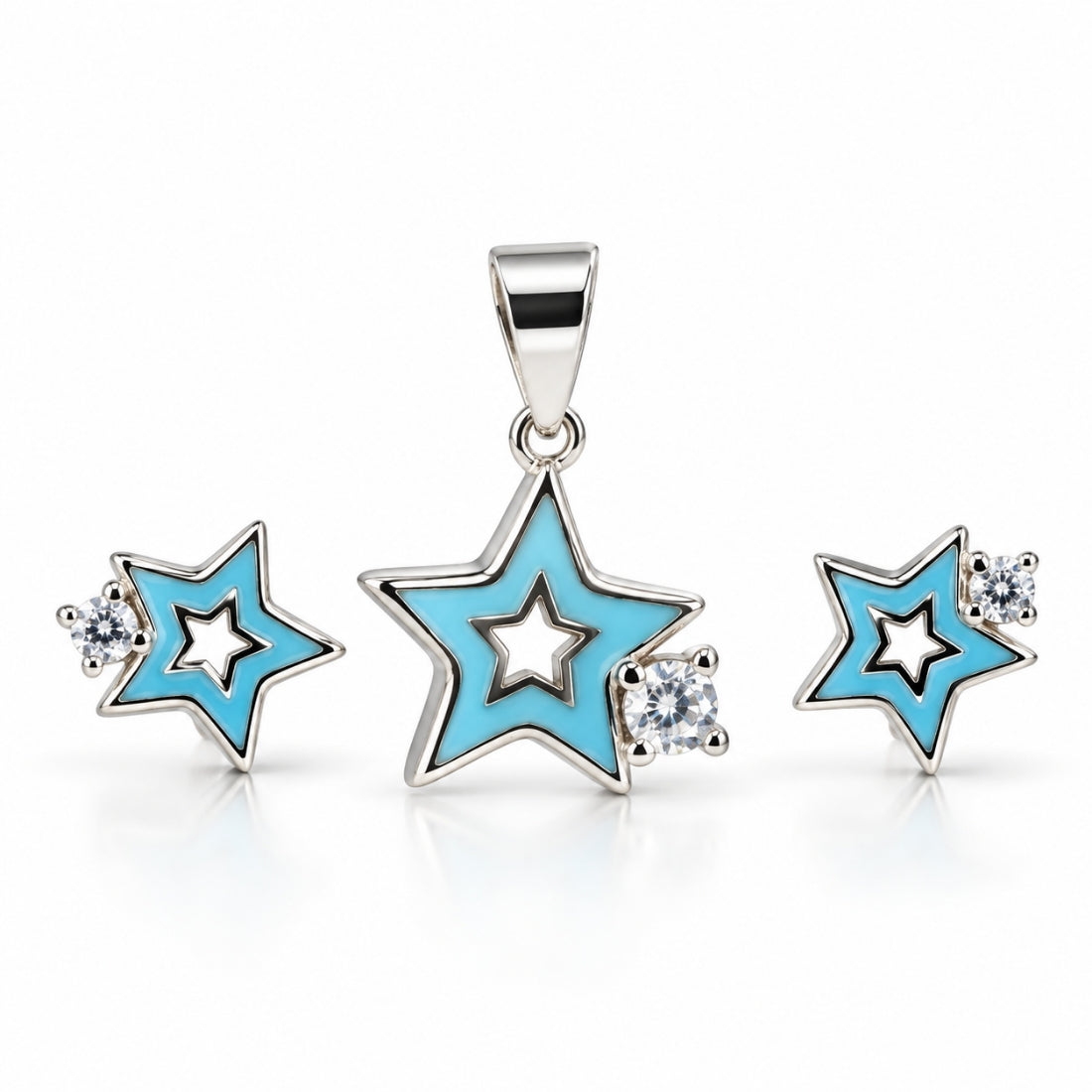 Enchanted Nebula 925 Sterling Silver Turquoise Star Pendant & Stud Set