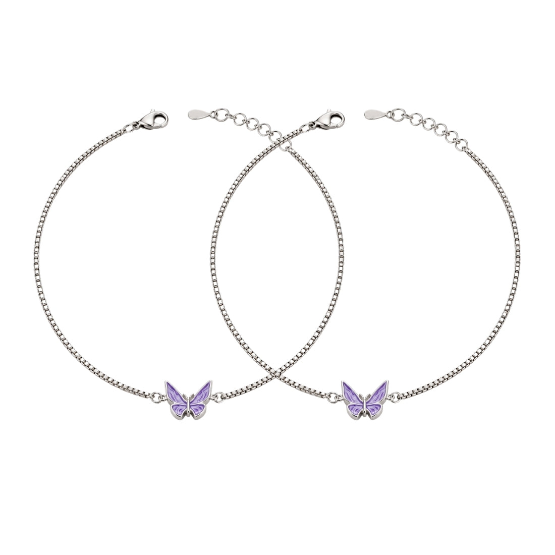 The Whimsical Flutter Purple Enamel Butterfly 925 Sterling Silver Anklet Pair