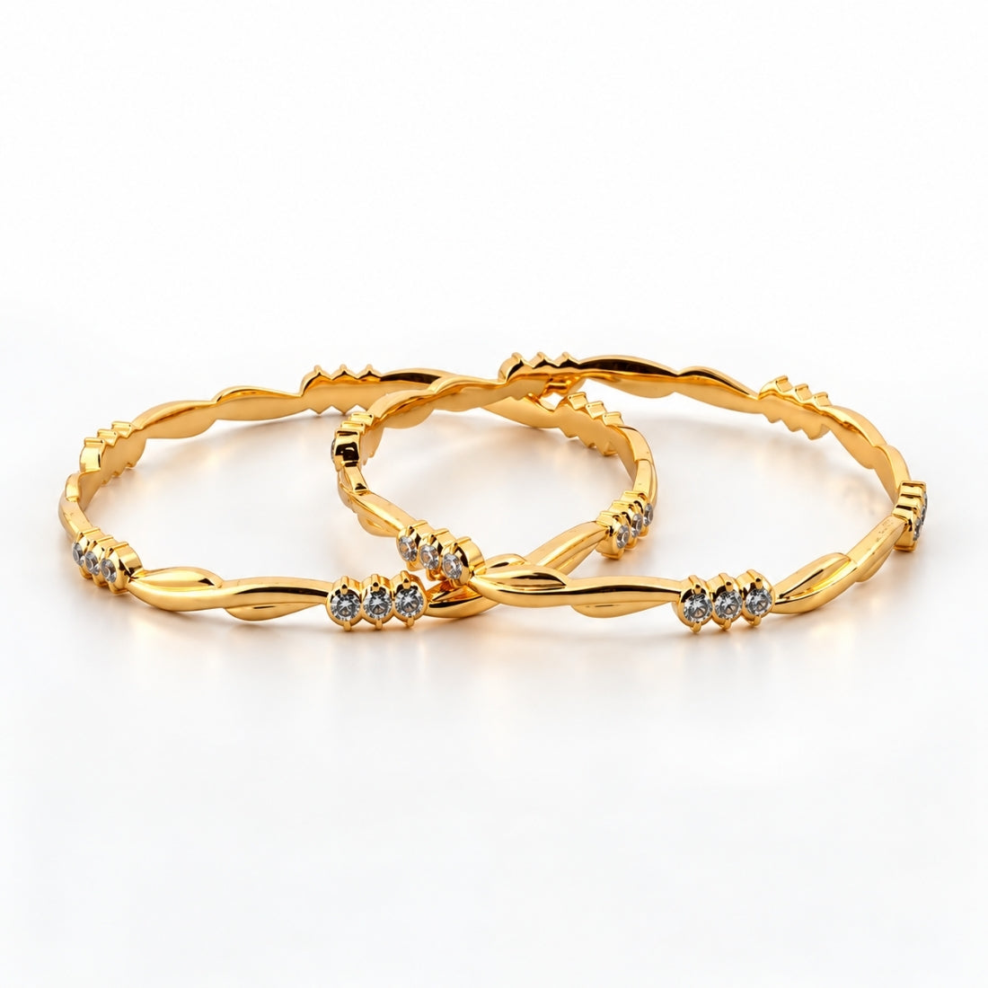 The Trishul Wave Cubic Zirconia Stackable Bangles (Set of 2 in 925 Sterling Silver with 24K Gold Polish)