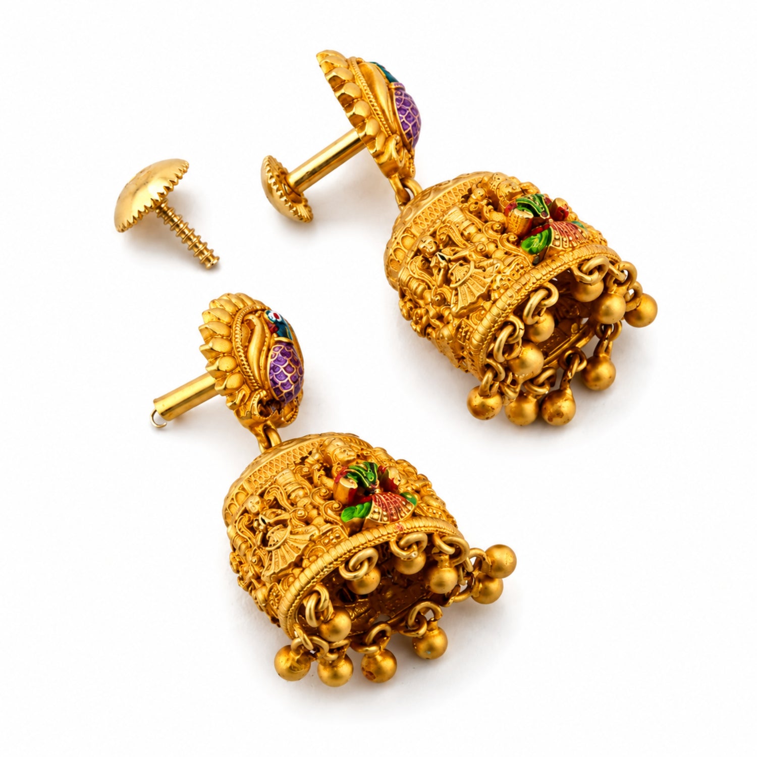 Imperial Peacock Stud Ashta Lakshmi Gold-Plated 925 Silver Jhumkas