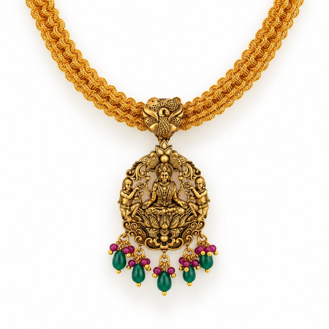 Kamalasana Lakshmi Circular Antique Silver Necklace