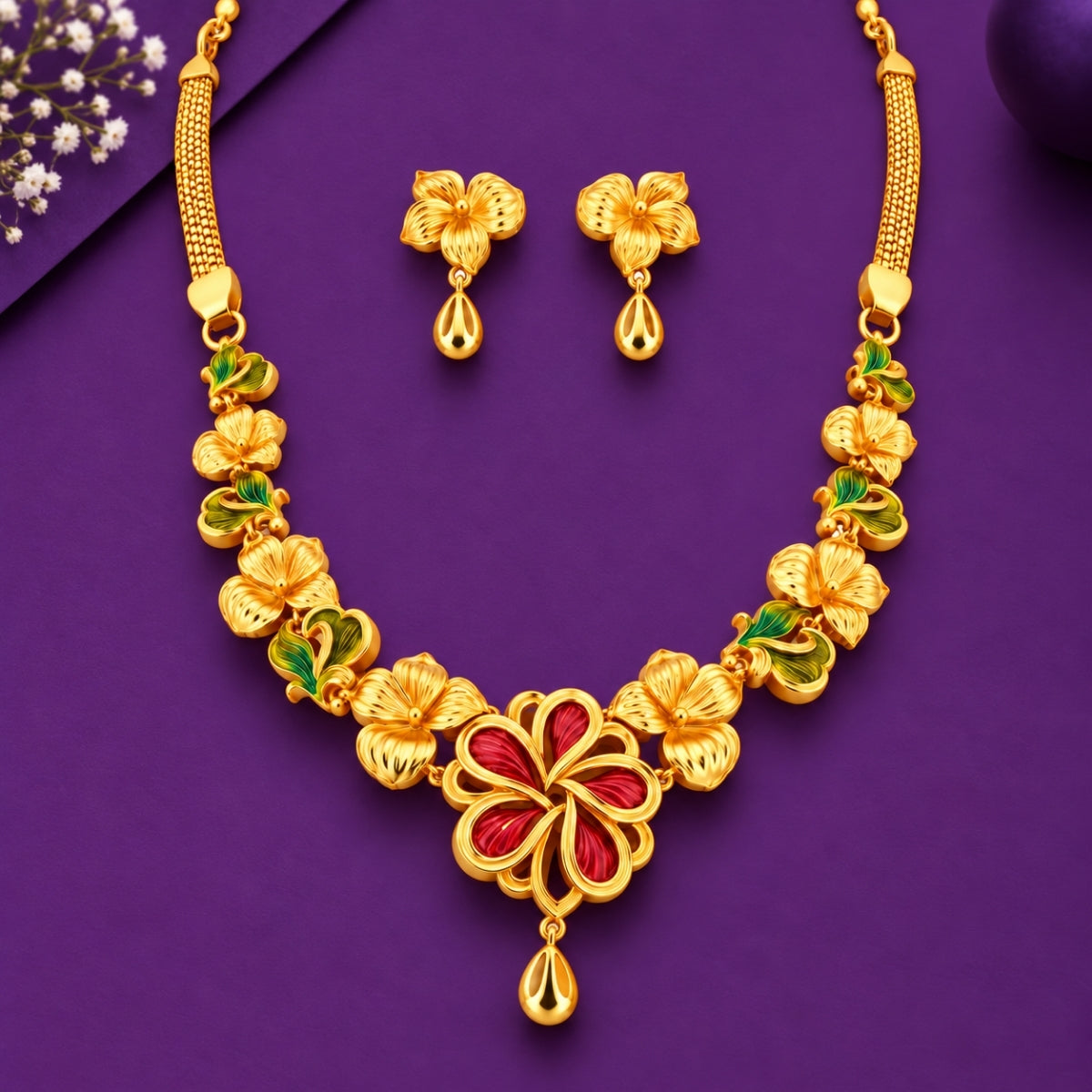 The Imperial Ruby Bloom 925 Silver Gold-Plated Necklace Set
