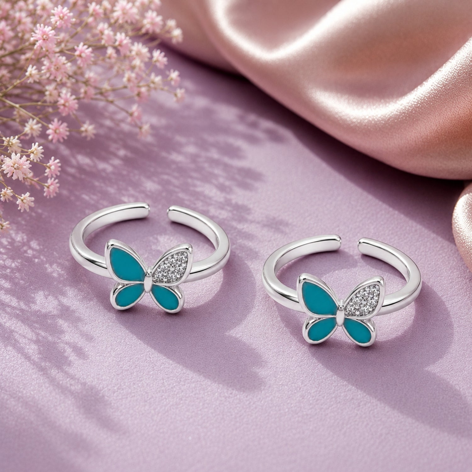 Teal Monarch Pave Adjustable 925 Sterling Silver Toe Rings