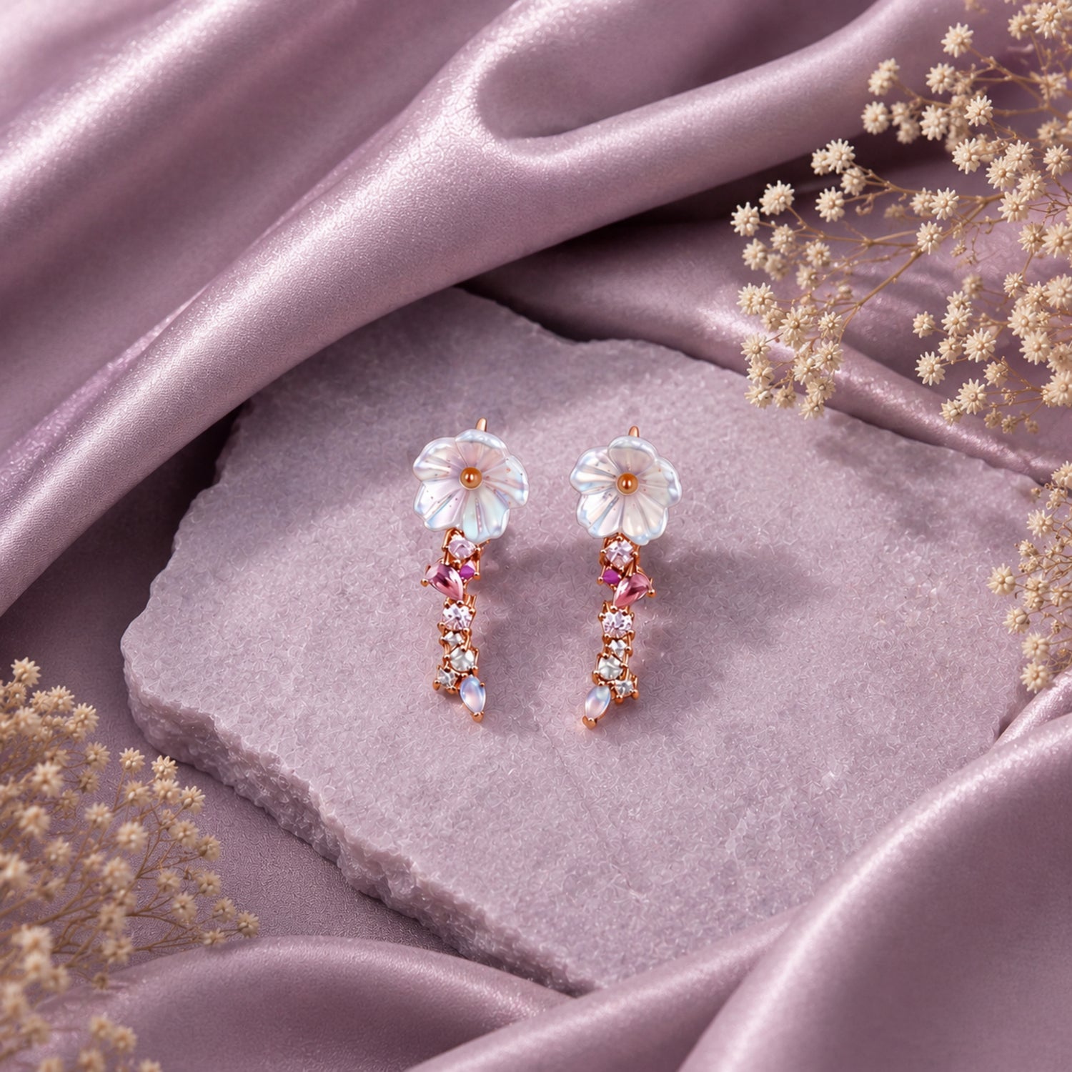 Mother-of-Pearl Cherry Blossom 925 Pure Sterling Silver Drop Earrings