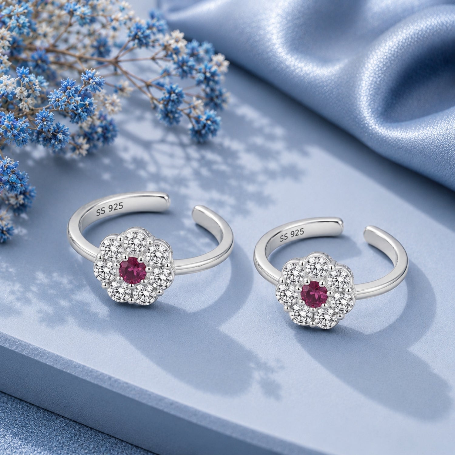 Ruby Blossom Adjustable 925 Sterling Silver Toe Rings