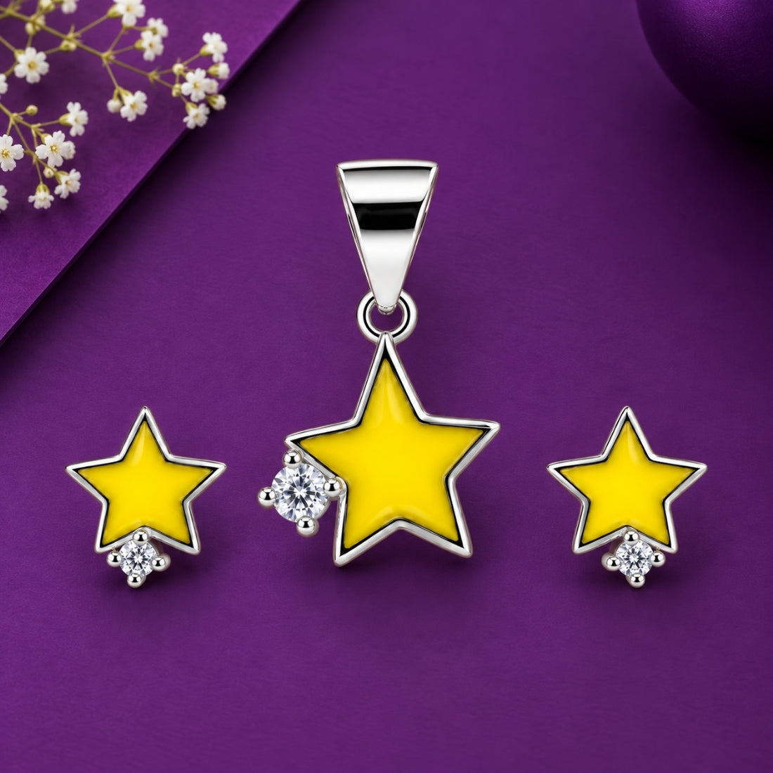 Twinkling Starlet 925 Sterling Silver Yellow Enamel Pendant & Stud Earring Set for Kids