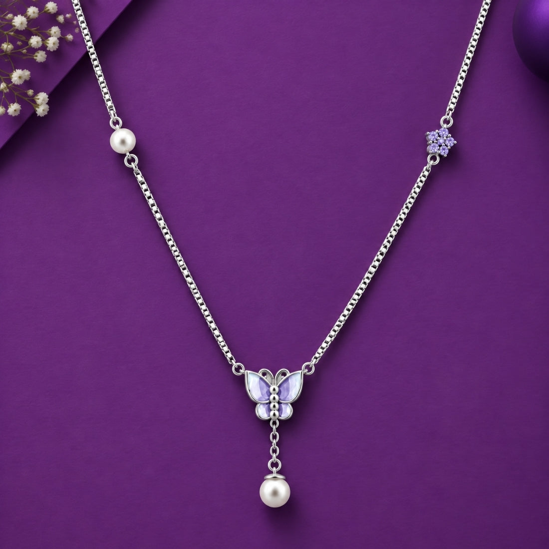 The Lavender Monarch Pearl Lariat 925 Silver Chain