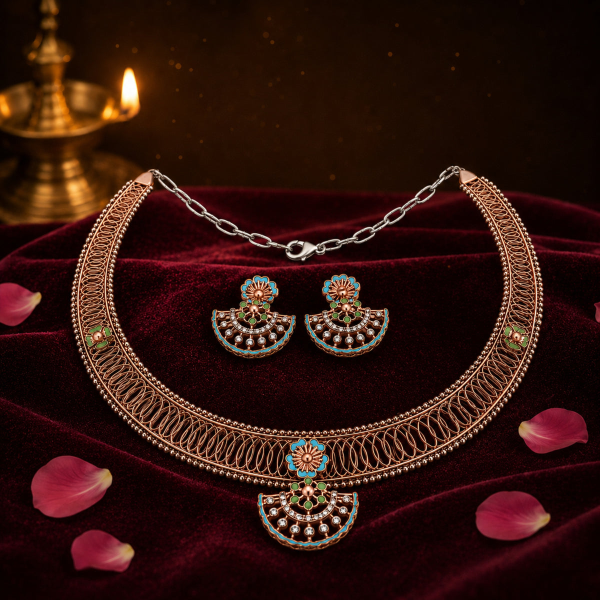 Aura Chandrika 925 Sterling Silver Filigree Crescent Choker Set