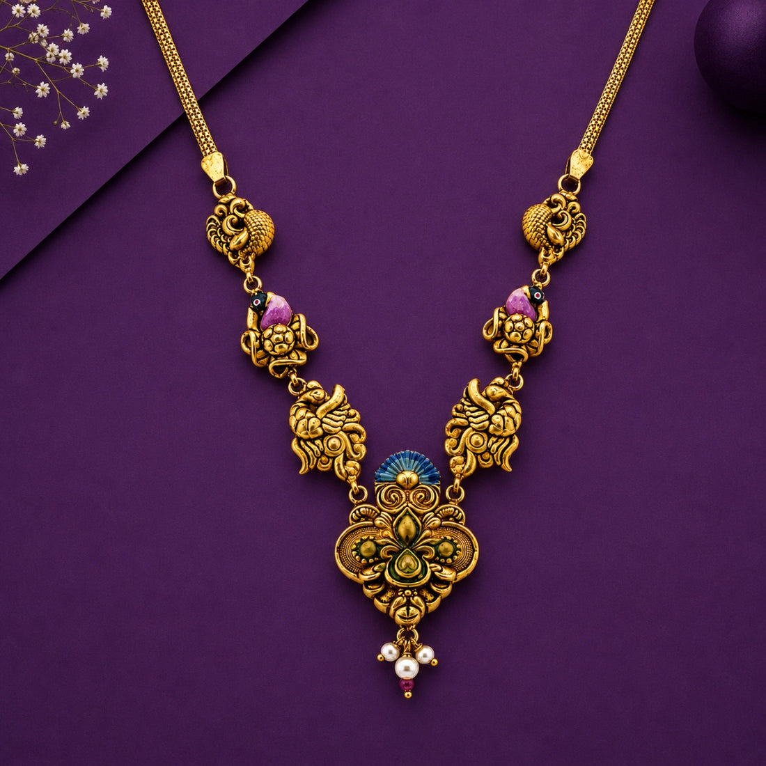 The Mayura Kalasa Enamel Statement Necklace (Gold-Plated 925 Sterling Silver)
