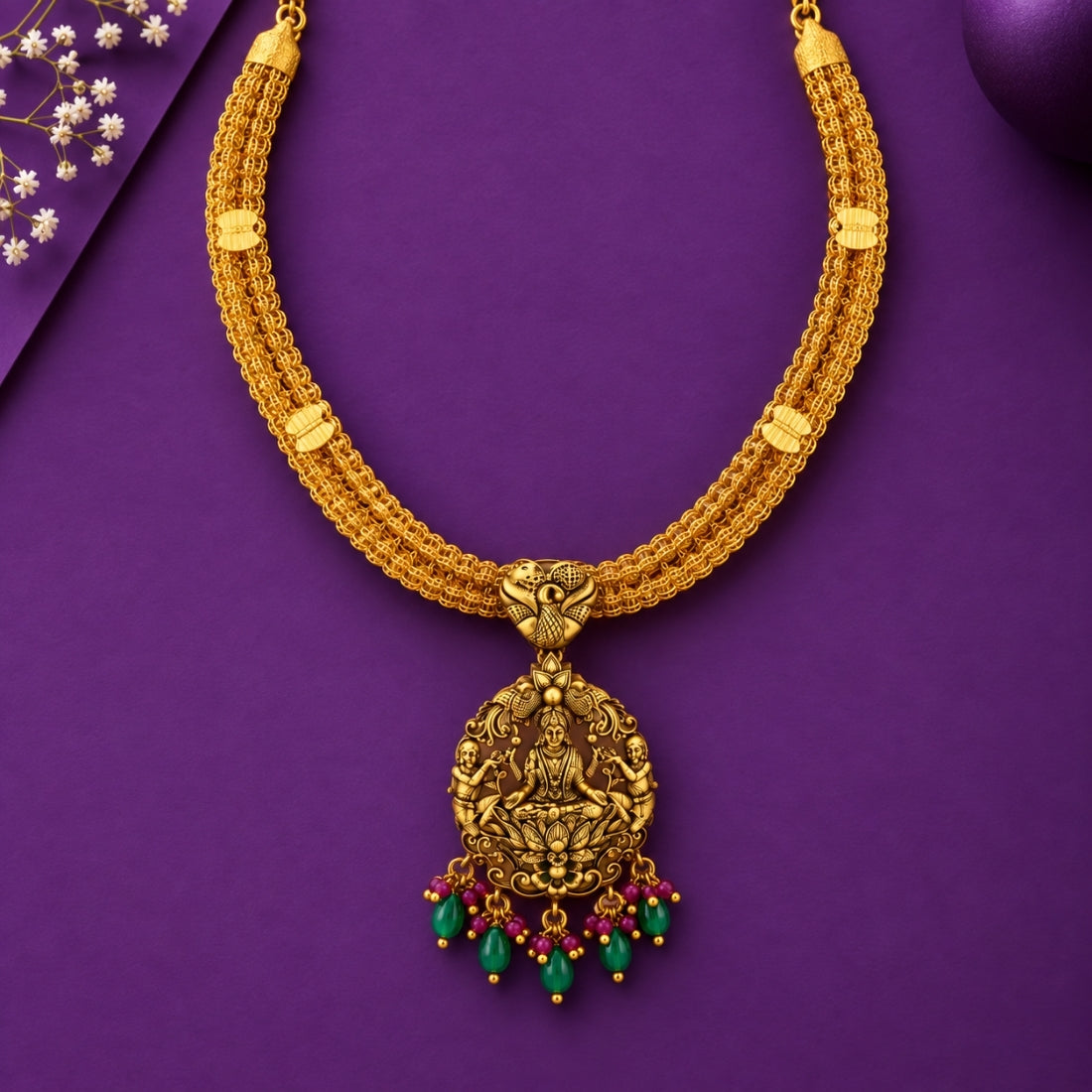Kamalasana Lakshmi Circular Antique Silver Necklace