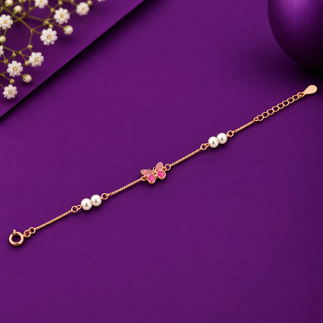 Mariposa Flutter 925 Sterling Silver Rose Gold Butterfly Pearl Kids Bracelet