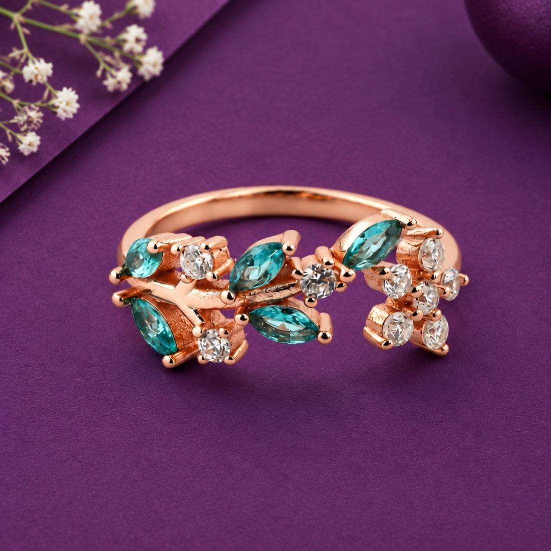 Teal Leaf & Crystal Flora 925 Silver Ring