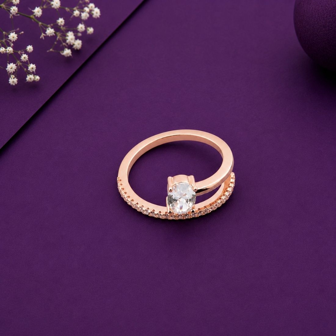 Rose Gold Plated Oval Solitaire Bypass 925 Silver Ring