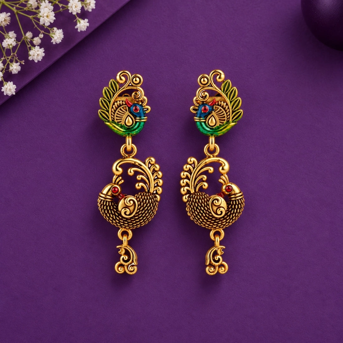 The Mayura Heritage Dual-Peacock Drop Earrings in 925 Sterling Silver