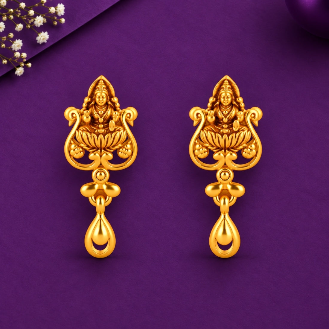 Goddess Lakshmi 925 Sterling Silver Antique Temple Dangle Stud Earrings