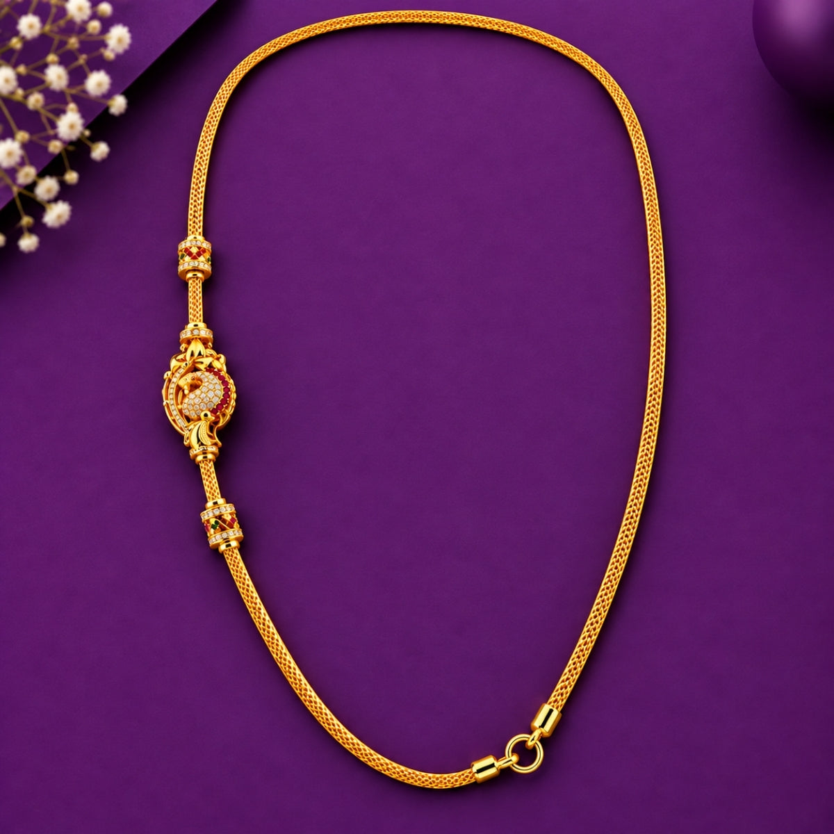 Royal Peacock Circular CZ 925 Sterling Silver Gold Plated Thali Chain