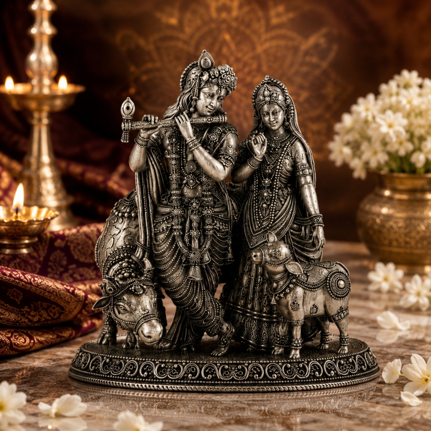 Antique Oxidised 925 Silver Radha Krishna with Kamdhenu Cow and Calf Idol.