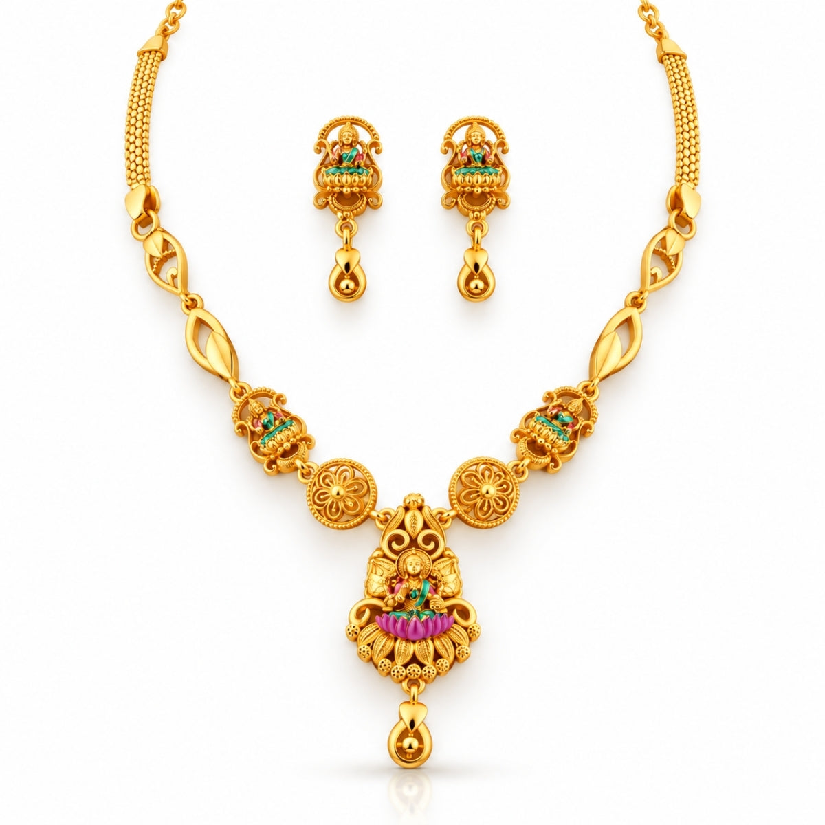 The Divine Lakshmi Lotus Garland 925 Silver Gold-Plated Necklace Set