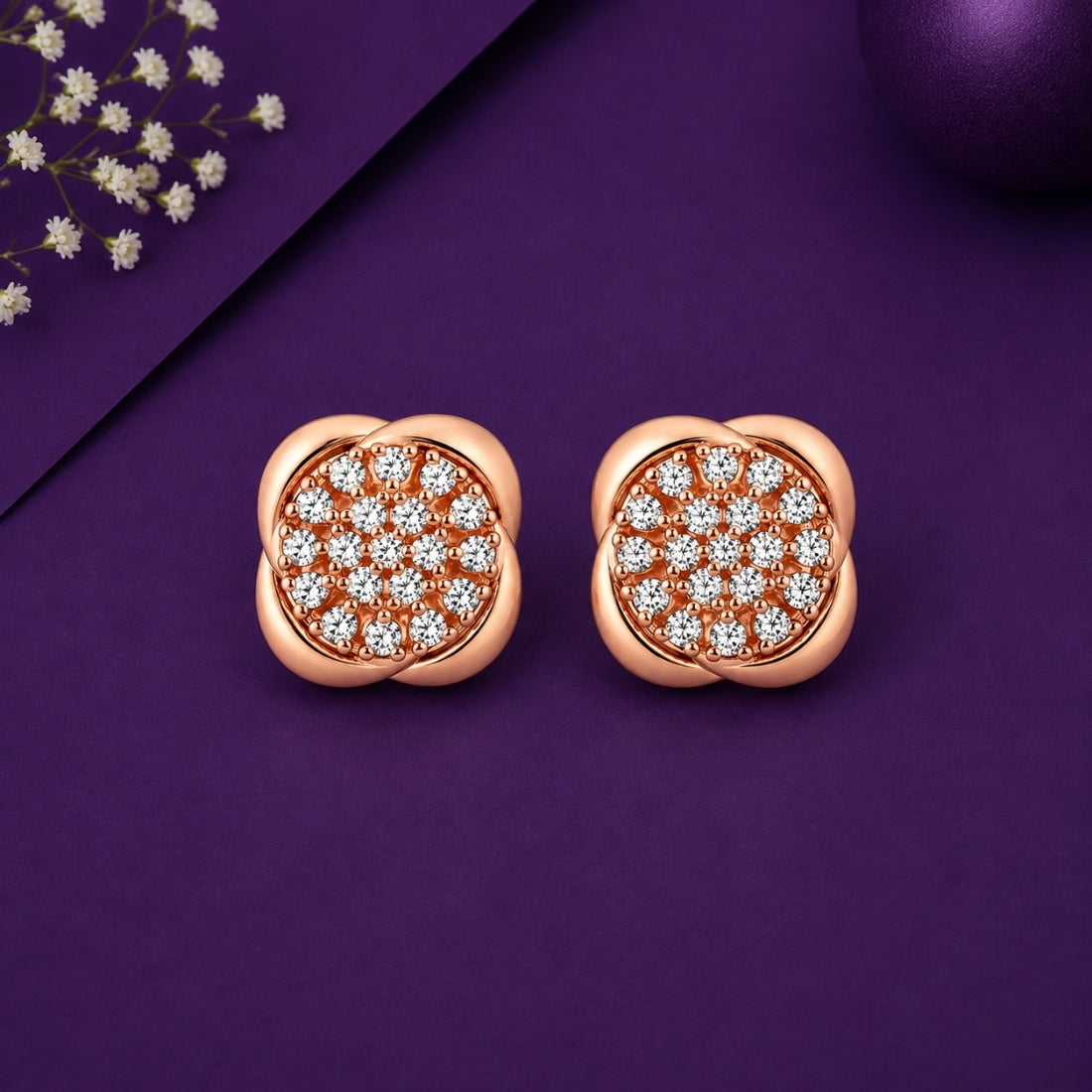 Rose Gold Pavé Cushion Blossom Stud Earrings