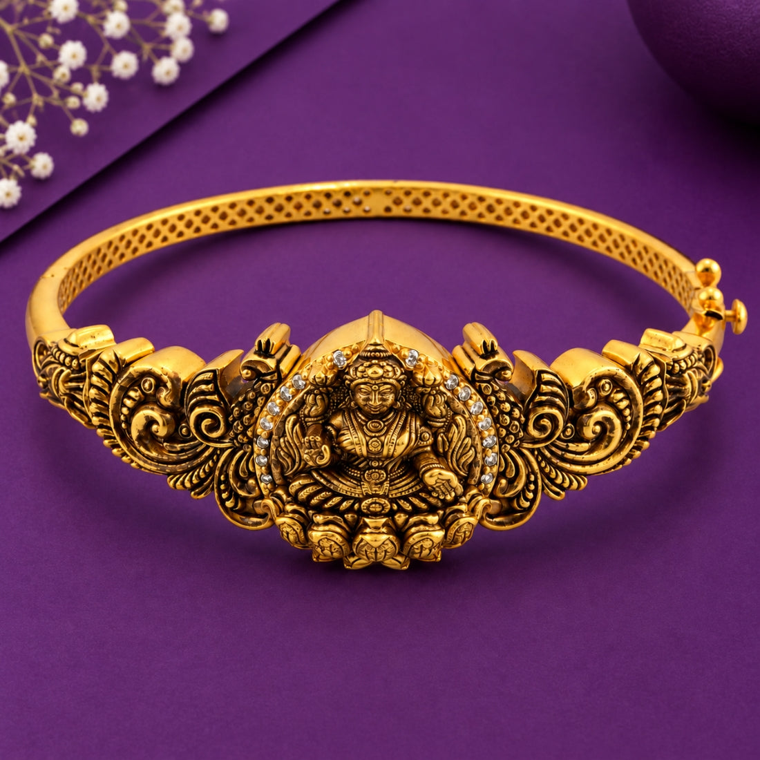 The Royal Lakshmi Lotus-Crown Antique Temple 925 Silver Kada