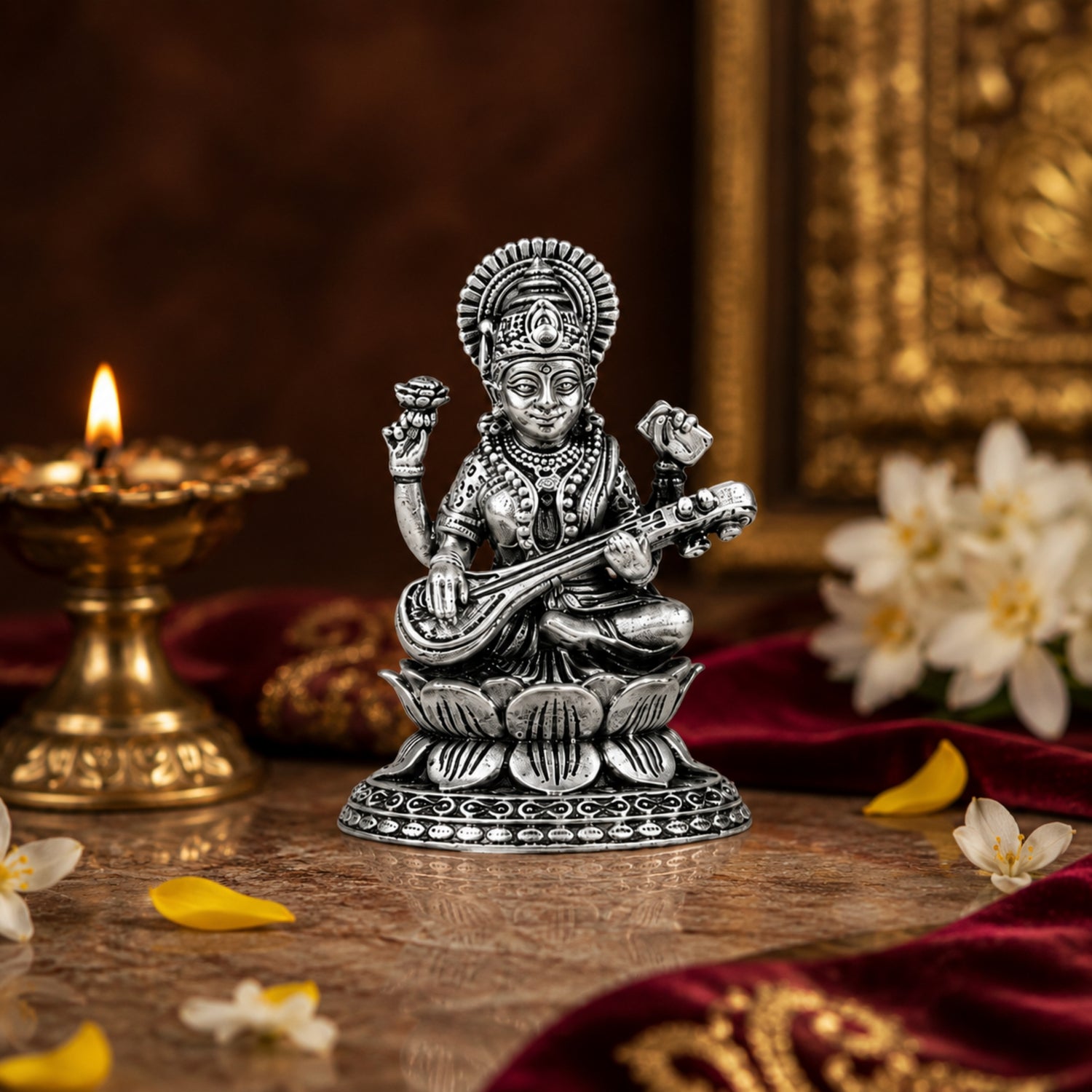 925 Pure Silver Antique Veena Saraswati Blessing Idol.