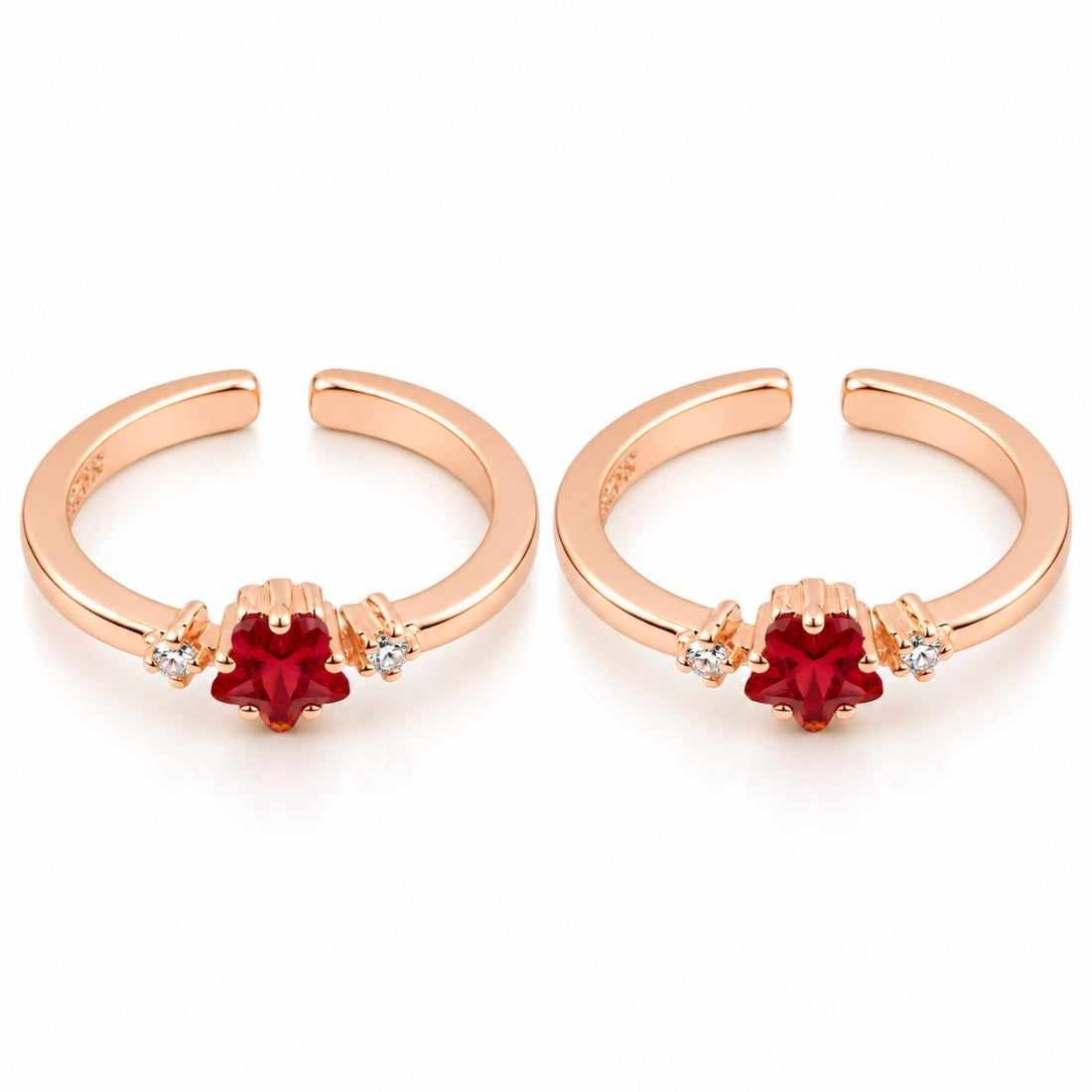 Crimson Starburst Blossom 925 Sterling Silver Rose Gold Plated Adjustable Toe Rings (Pair)