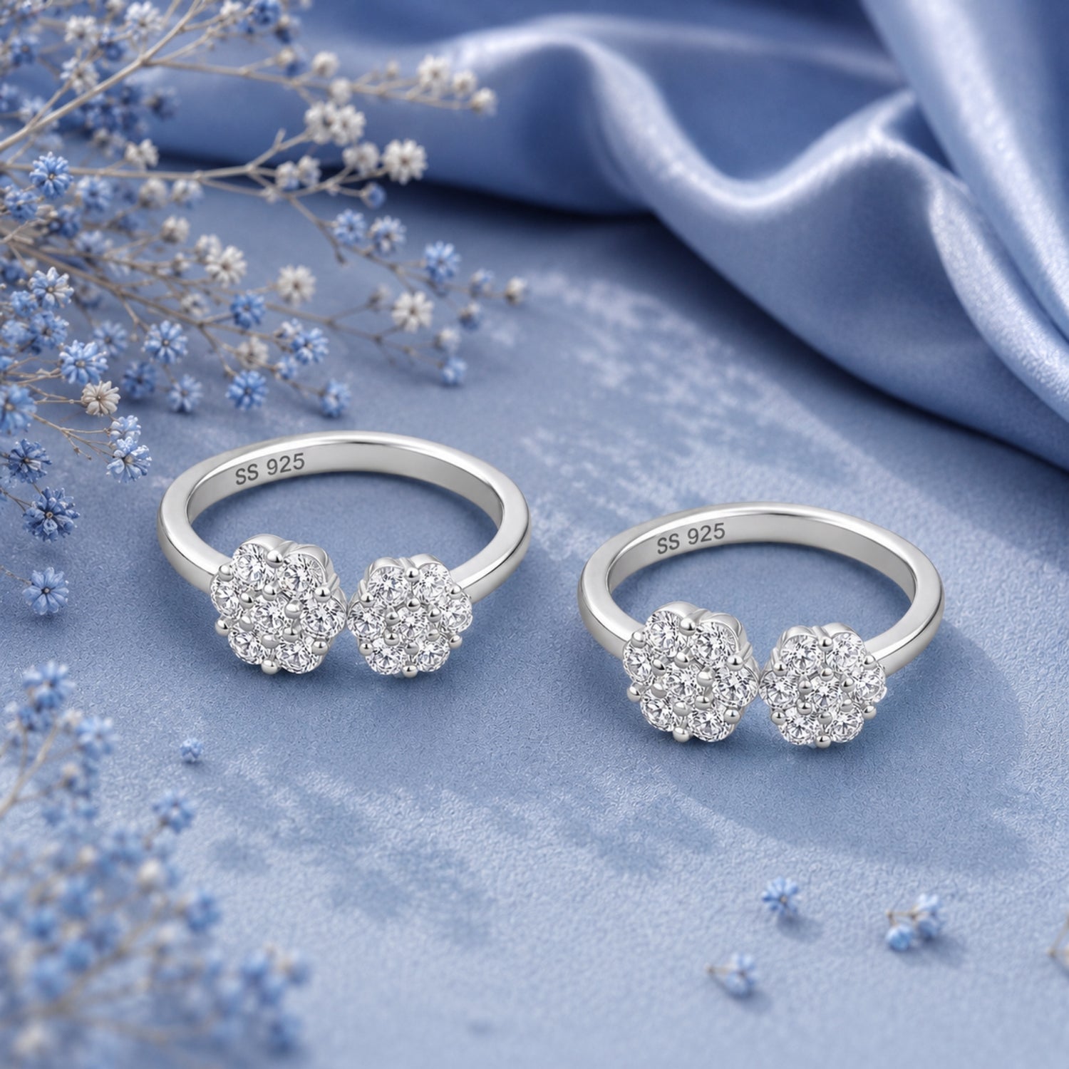 Shimmering Dual-Blossom Adjustable 925 Sterling Silver Toe Rings