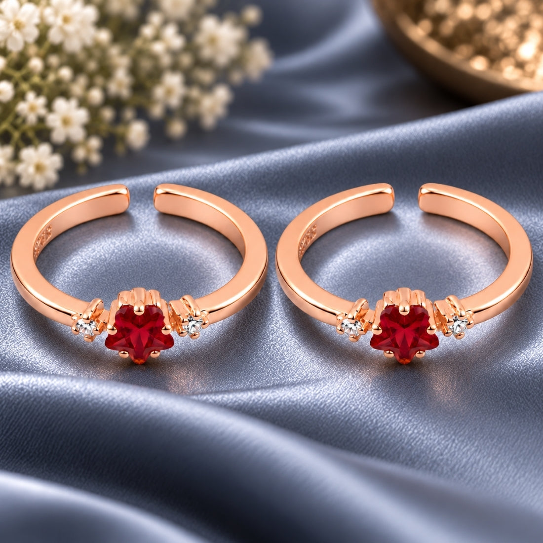 Crimson Starburst Blossom 925 Sterling Silver Rose Gold Plated Adjustable Toe Rings (Pair)