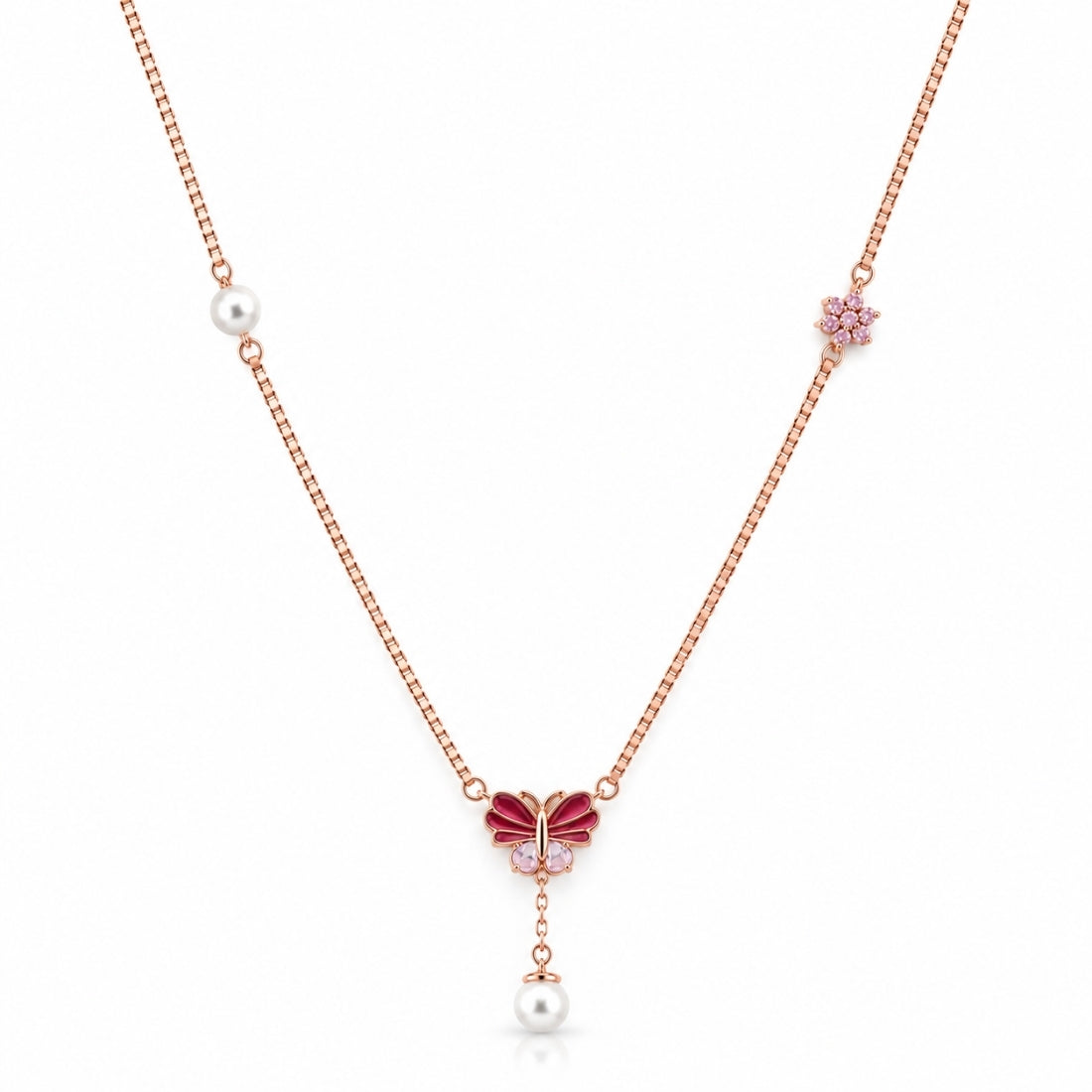 The Crimson Monarch Pearl Lariat Rose 925 Silver Chain