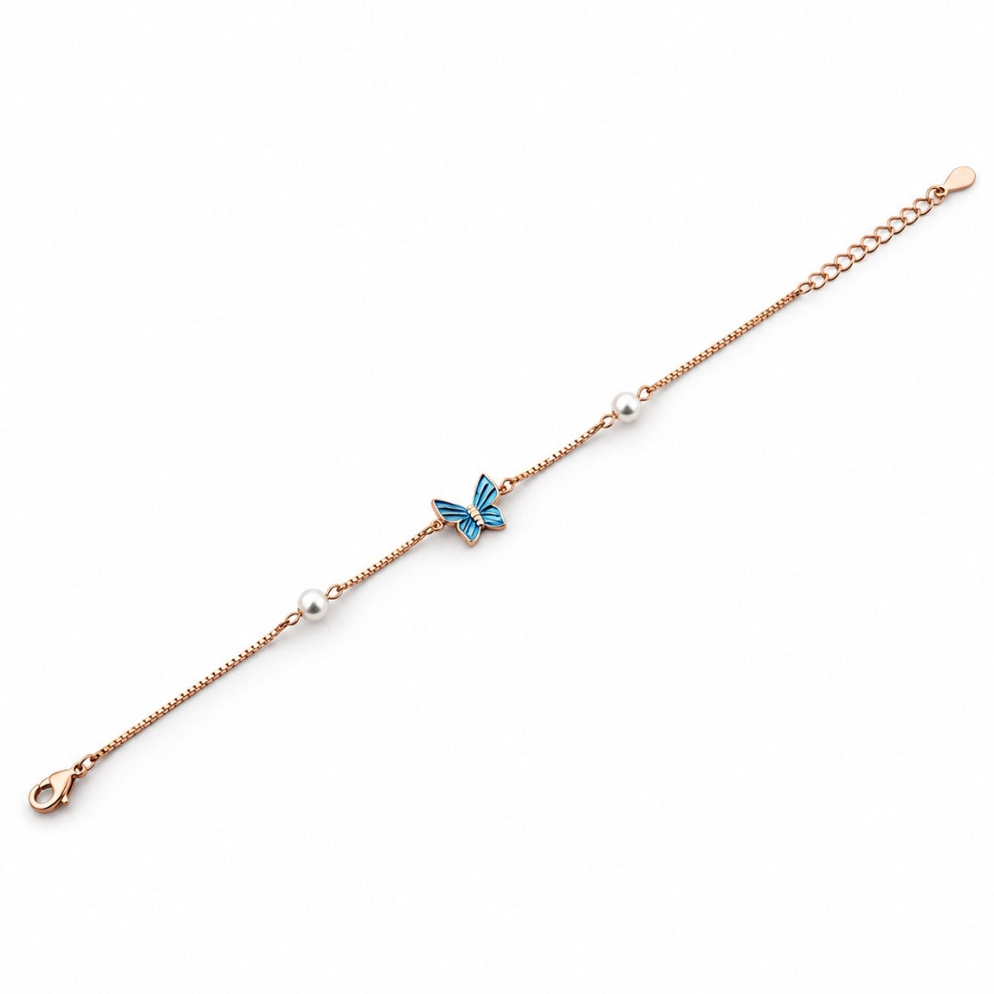 The Azure Monarch – 925 Rose Gold Blue Enamel Butterfly Bracelet