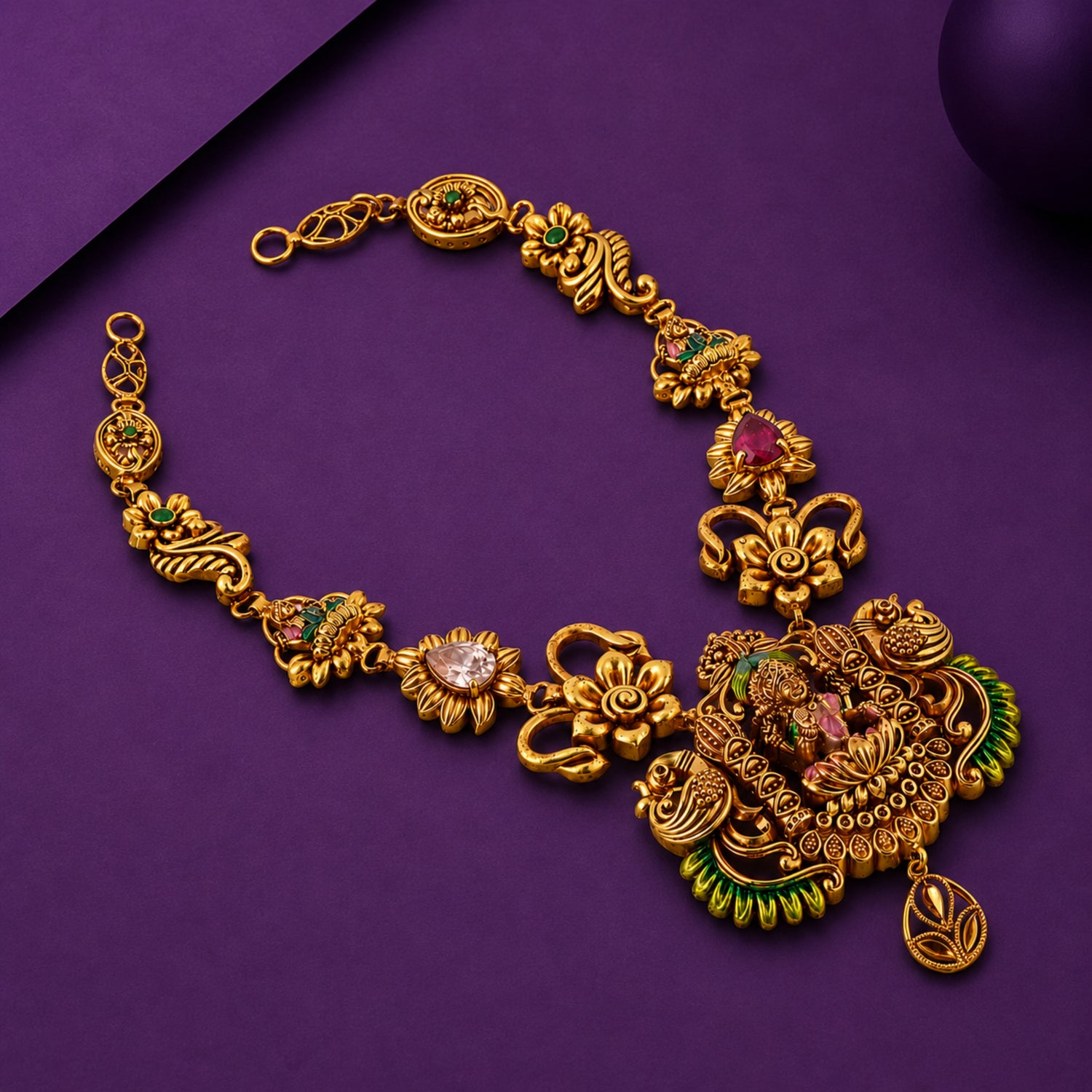 Goddess Lakshmi Antique 925 Silver Gold plated Necklace