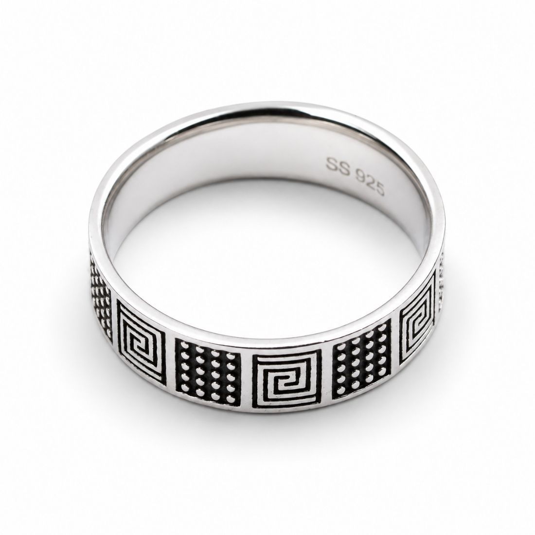 Silver Greek Key & Dotted Grid 925 Sterling Silver Band