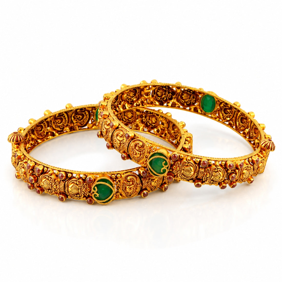 Vintage Emerald Green & Gold Embossed Swirl Nakshi Bangles