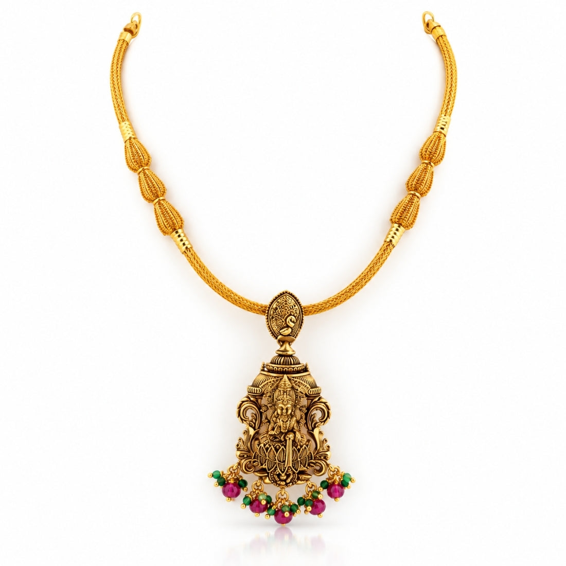 22K Gold Plated 925 Silver Smooth Pipe Lakshmi Temple Necklace