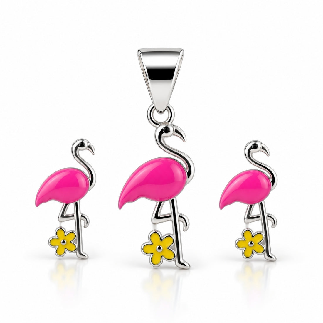 Fancy Flamingo 925 Sterling Silver Pink Enamel Pendant & Stud Earring Set for Kids